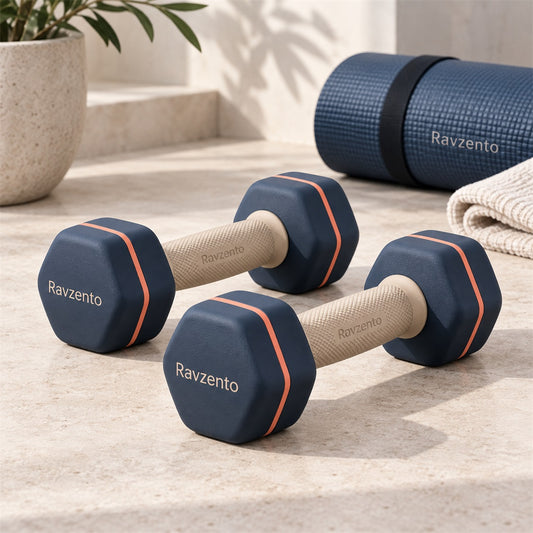 Pair of Ravzento navy hex dumbbells with textured grips