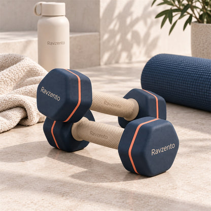 Ravzento matching dumbbell pair in a home fitness setting